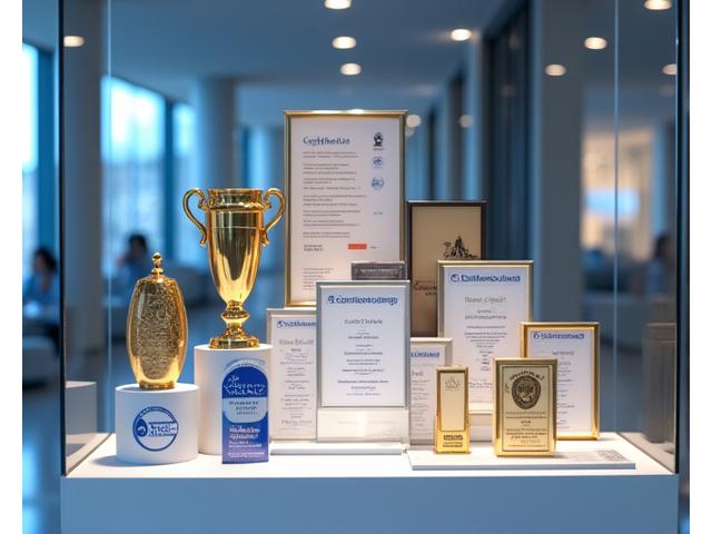 Vitrine d'exposition avec trophées, certificats et logos de reconnaissance, illuminée par une lumière douce.