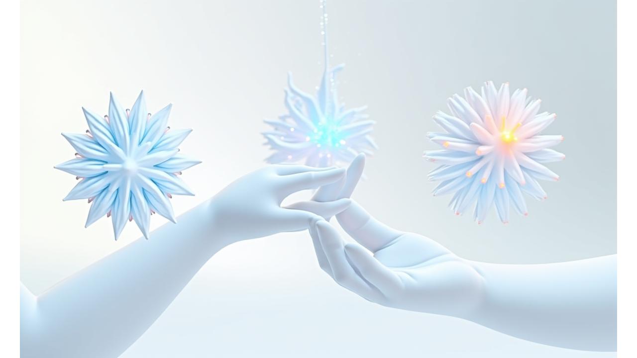 Illustration représentant les valeurs de VigórMedics: une main tenant une étoile (excellence), une ampoule illuminée (innovation), et deux mains qui collaborent (impact patient).