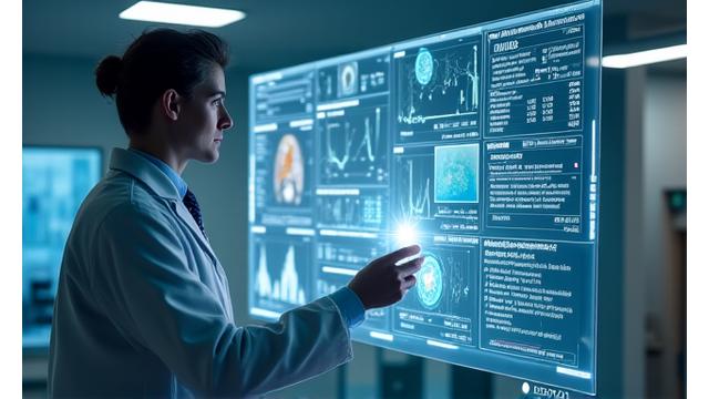 Médecin interagissant avec un écran affichant des données médicales complexes analysées par l'IA, avec des graphiques clairs et des points de donnée mis en évidence