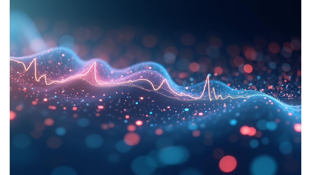 Illustration abstraite de la transformation digitale dans le secteur de la santé, avec un passage fluide de systèmes traditionnels à des interfaces futuristes