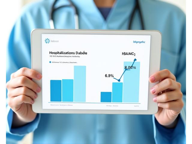 Graphiques d'études cliniques montrant la réduction des hospitalisations et l'amélioration de l'HbA1c.