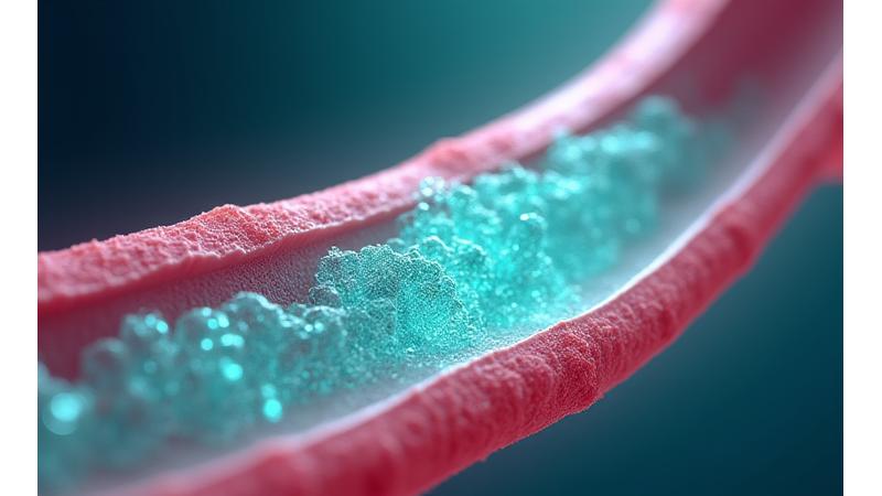 Illustration 3D d'un stent coronaire bioabsorbable déployé dans une artère, avec son processus de résorption.