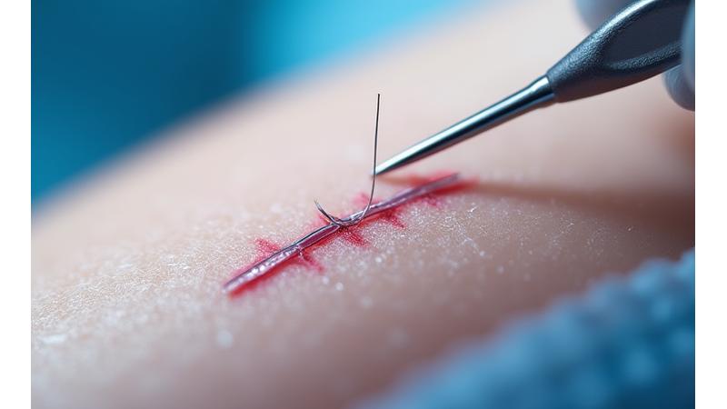 Fils de suture bioabsorbables fermant une incision cutanée avec des aiguilles chirurgicales.
