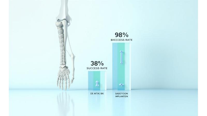 Graphiques de résultats d'une étude clinique montrant un succès élevé et une faible complication pour les implants orthopédiques bioabsorbables.