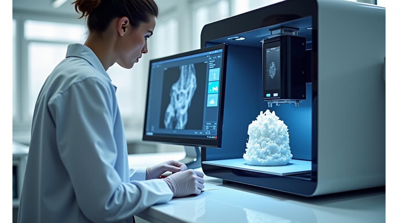 Un ingénieur médical utilisant une imprimante 3D pour fabriquer un implant bioabsorbable personnalisé, avec des modèles 3D complexes sur des écrans.