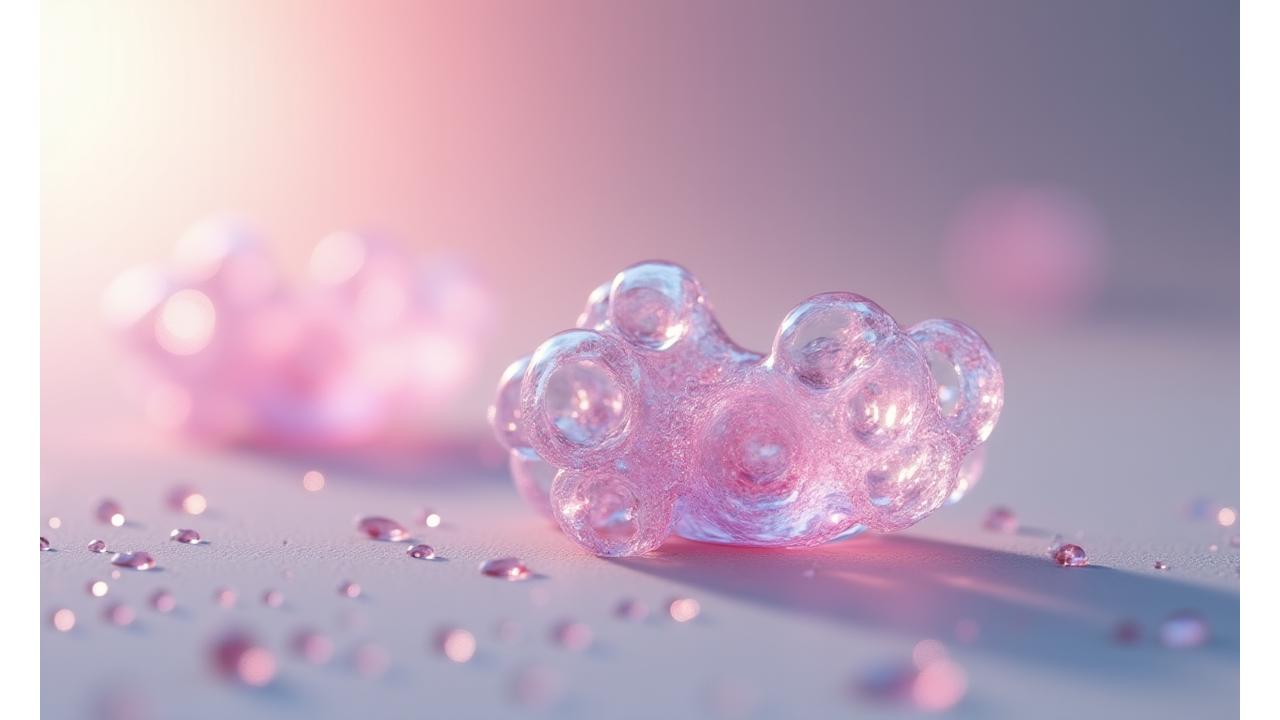 Animation 3D montrant un implant bioabsorbable se résorbant progressivement dans le corps humain, les cellules s'intégrant au site de l'implantation sur fond blanc minimaliste.