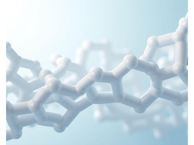Molécule de Polycaprolactone (PCL) en 3D avec un maillage chirurgical souple en arrière-plan.
