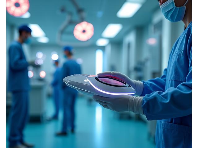 Dispositif médical futuriste en action, porté par un professionnel de santé