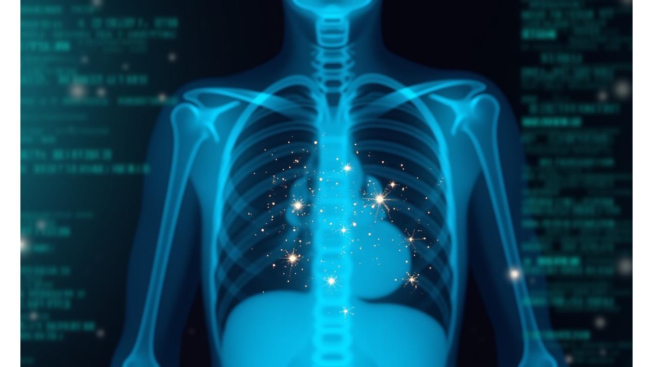 Interface d'une IA médicale analysant une image de radiographie pulmonaire, avec des superpositions de données analytiques et des marqueurs de détection de pathologie.