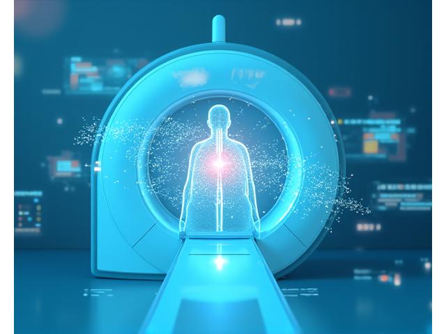 Image conceptuelle d'un scanner médical avec des données d'IA superposées, illustrant l'analyse radiologique.