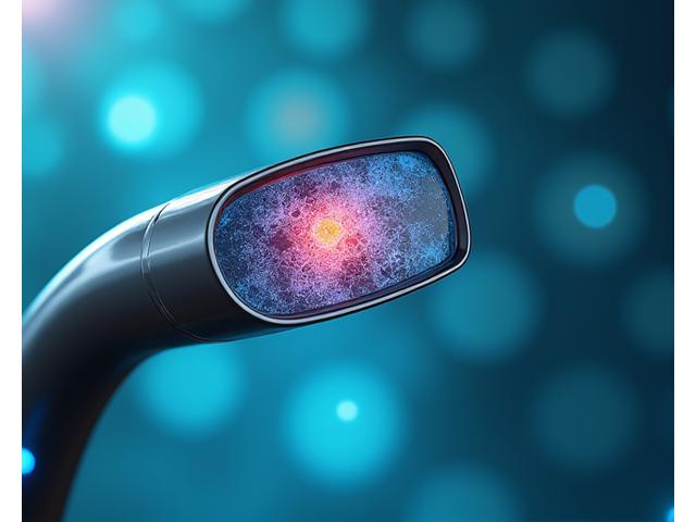 Dispositif endoscopique flexible avec une caméra haute définition à l'extrémité, capturant une image interne claire, sur un fond médical moderne.