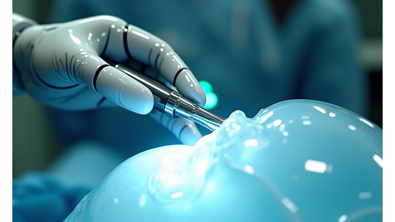Vue rapprochée d'un robot chirurgical de haute technologie assistant une intervention chirurgicale minimale invasive, avec des outils fins et des lumières LED, illustrant la précision et l'innovation.