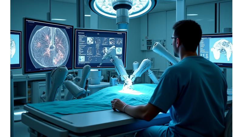 Système robotique chirurgical sophistiqué avec bras articulés et écrans présentant des données 3D temps réel, dans une salle d'opération futuriste.