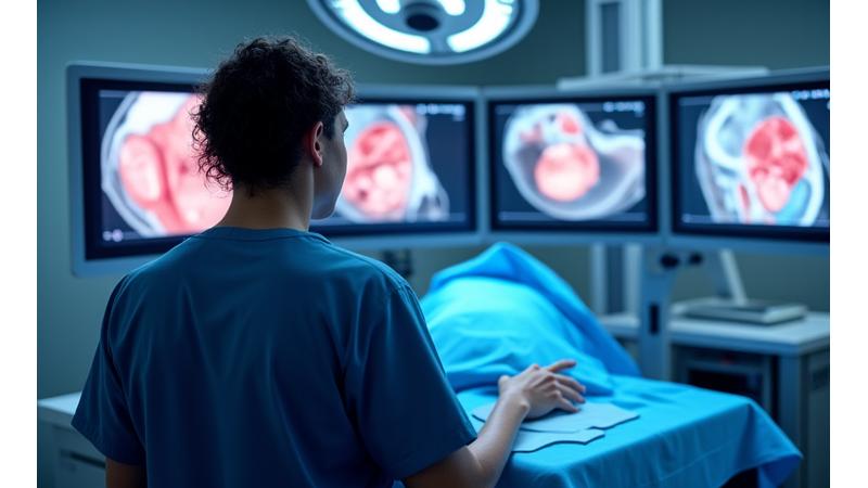 Chirurgien utilisant un simulateur chirurgical haute fidélité avec des écrans affichant des modèles 3D d'organes, dans un environnement de formation clinique moderne.