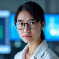 Portrait professionnel de Sophie Chen, Biostatisticienne PhD, dans un environnement de recherche lumineuse. Qualité photo haute résolution.